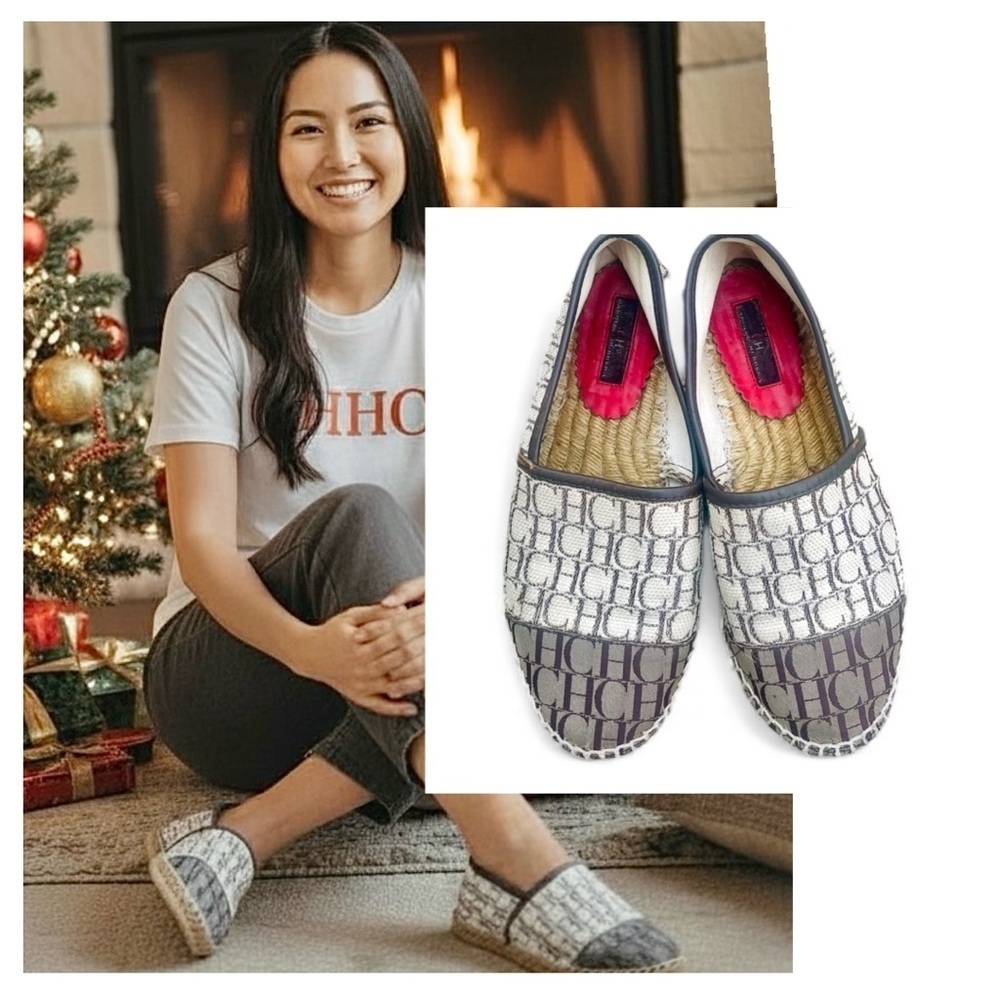 Carolina Herrera Gray and Cream CH Logo Espadrilles 39/8 - Picture 2 of 9
